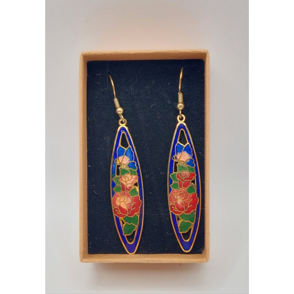 Enamel Cloisonne Earrings Rose Butterfly Dangle Blue Pink Green Romantic Vintage